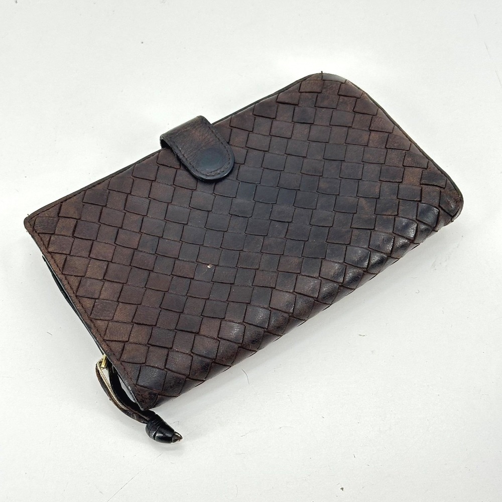 Bottega‎ Veneta Wallet Intrecciato Woven Leather Bifold Brown Zip Around Long